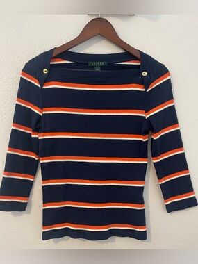 Lauren Ralph Lauren Navy Striped 3/4 Sleeve Ribbed Tee with Orange & White